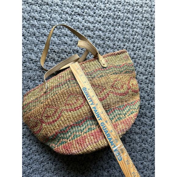 Vintage Woven Wicker Rattan Straw Handbag Tote Purse Bag Leather Straps - Picture 5 of 8